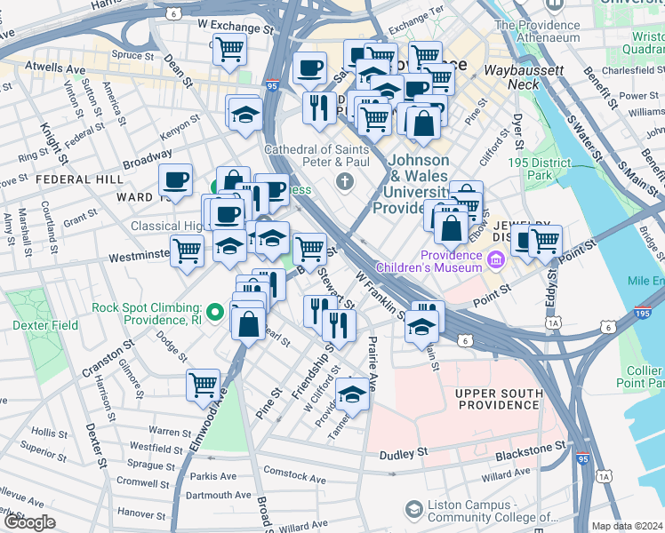 map of restaurants, bars, coffee shops, grocery stores, and more near in Providence