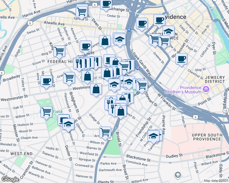map of restaurants, bars, coffee shops, grocery stores, and more near 91 Fricker Street in Providence