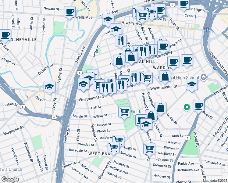 map of restaurants, bars, coffee shops, grocery stores, and more near 10 Almy Street in Providence