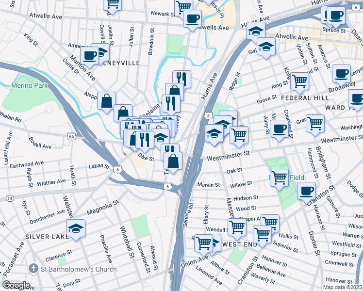 map of restaurants, bars, coffee shops, grocery stores, and more near in Providence