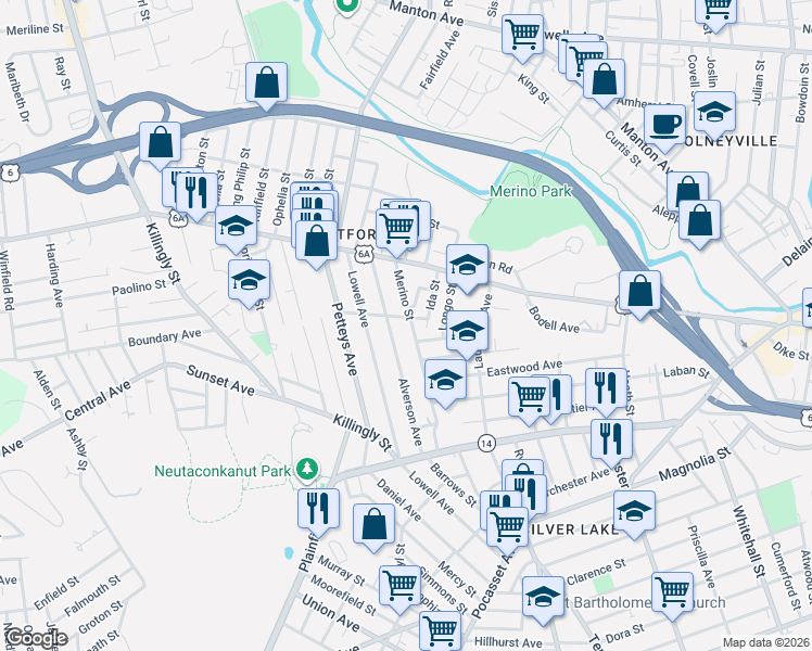 map of restaurants, bars, coffee shops, grocery stores, and more near 115 Merino Street in Providence