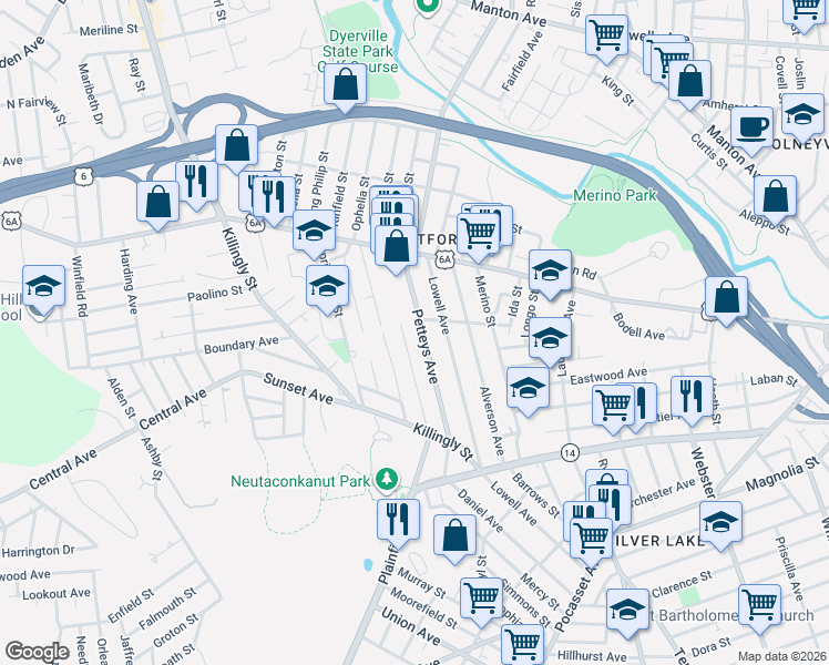 map of restaurants, bars, coffee shops, grocery stores, and more near 150 Petteys Avenue in Providence