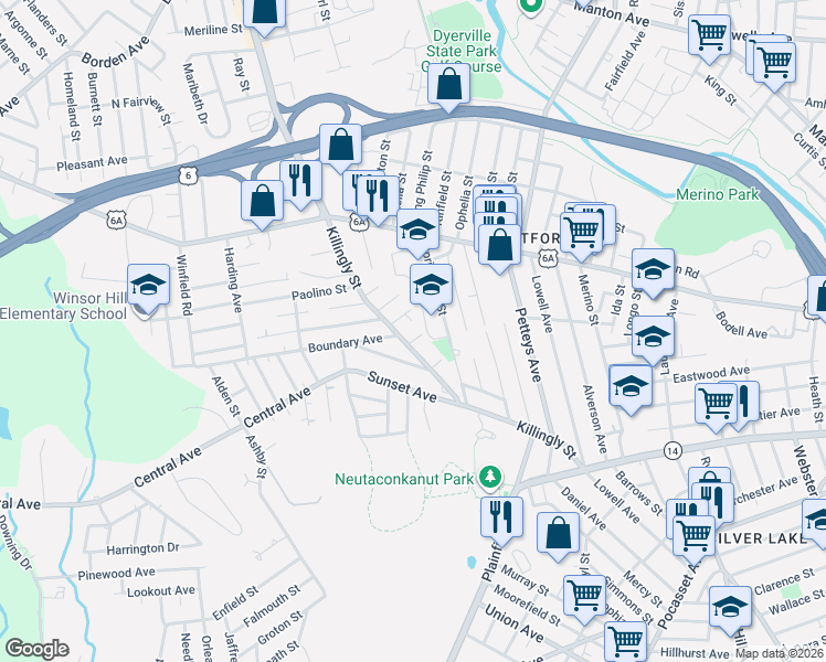 map of restaurants, bars, coffee shops, grocery stores, and more near 6 Seton Street in Providence