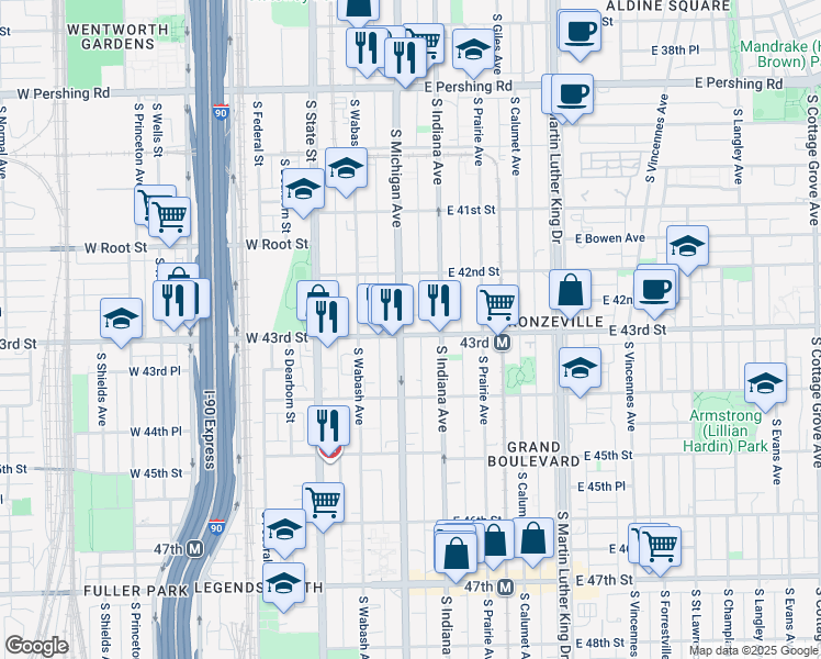 map of restaurants, bars, coffee shops, grocery stores, and more near 4243 South Michigan Avenue in Chicago