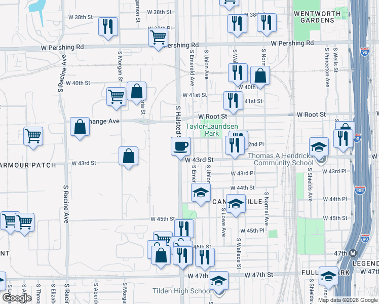 map of restaurants, bars, coffee shops, grocery stores, and more near 4210 South Emerald Avenue in Chicago