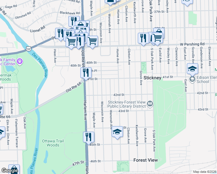 map of restaurants, bars, coffee shops, grocery stores, and more near 4122 Wenonah Avenue in Berwyn