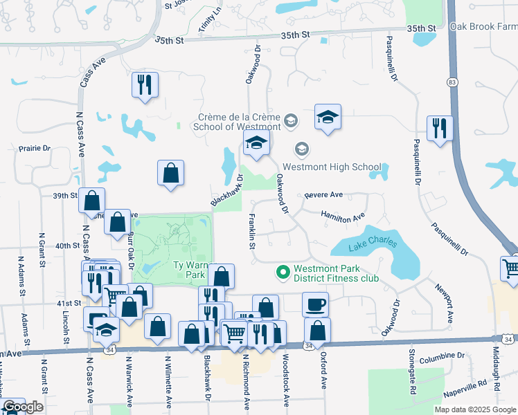 map of restaurants, bars, coffee shops, grocery stores, and more near 834 Franklin Street in Westmont