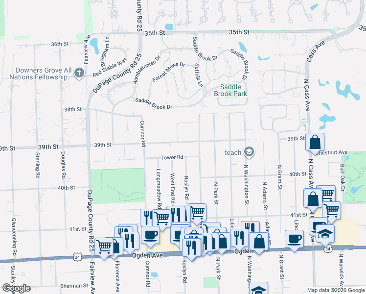map of restaurants, bars, coffee shops, grocery stores, and more near 31 39th Street in Downers Grove