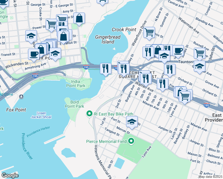 map of restaurants, bars, coffee shops, grocery stores, and more near 10 Mauran Avenue in East Providence