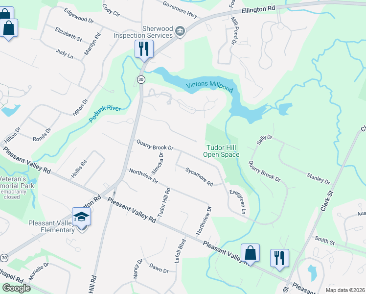 map of restaurants, bars, coffee shops, grocery stores, and more near 61 Lavender Lane in South Windsor