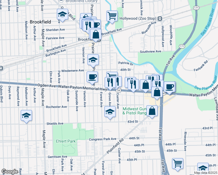 map of restaurants, bars, coffee shops, grocery stores, and more near 4042 Grove Avenue in Brookfield