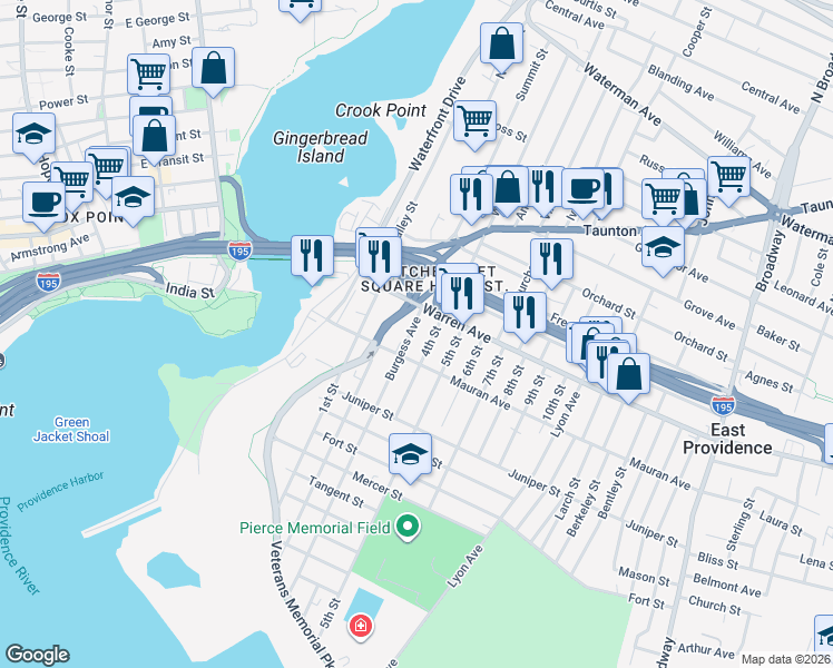 map of restaurants, bars, coffee shops, grocery stores, and more near 14 Burgess Avenue in East Providence
