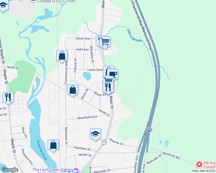 map of restaurants, bars, coffee shops, grocery stores, and more near 630 North Main Street in Killingly