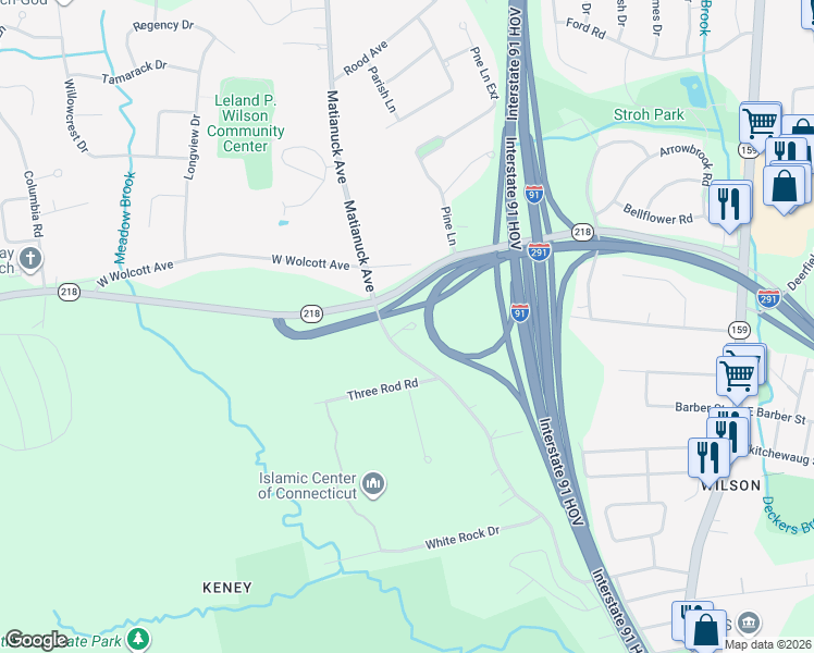 map of restaurants, bars, coffee shops, grocery stores, and more near 11 Lee Lane in Windsor