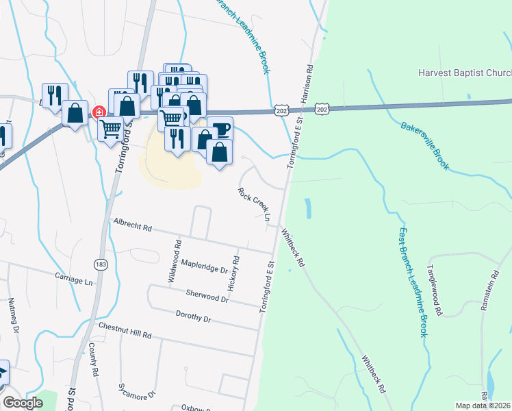 map of restaurants, bars, coffee shops, grocery stores, and more near 80 Rock Creek Lane in Torrington