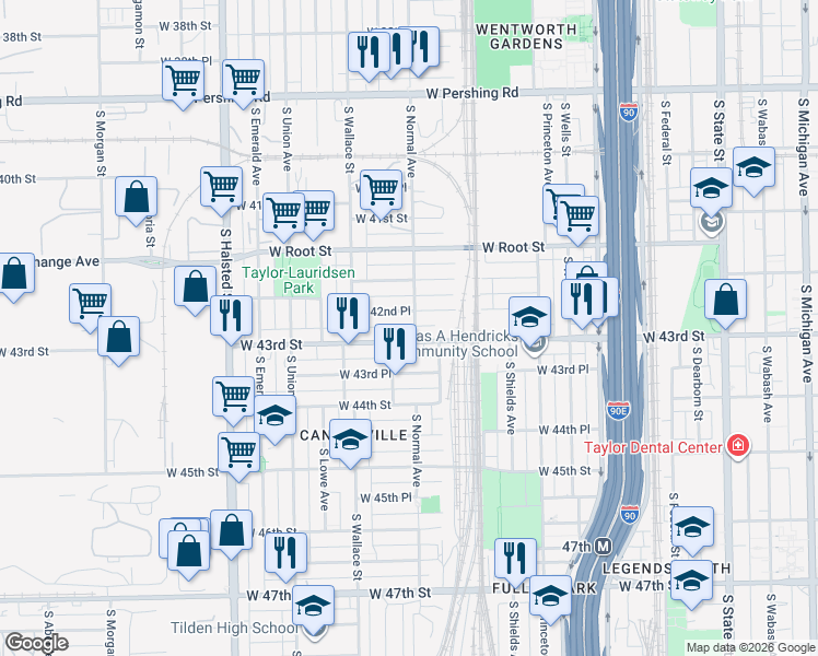 map of restaurants, bars, coffee shops, grocery stores, and more near 513 West 42nd Place in Chicago