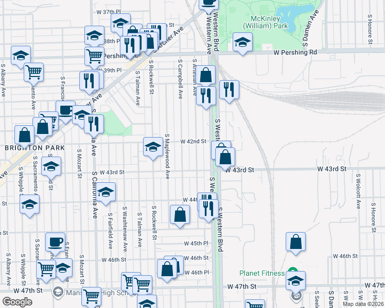 map of restaurants, bars, coffee shops, grocery stores, and more near 4213 South Campbell Avenue in Chicago