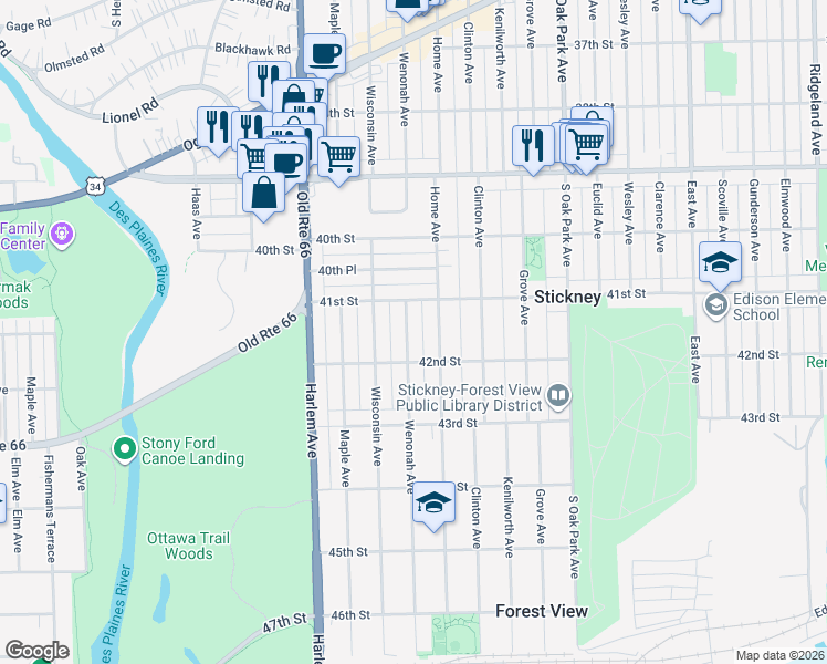 map of restaurants, bars, coffee shops, grocery stores, and more near 4116 Home Avenue in Berwyn
