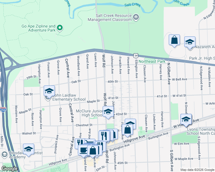 map of restaurants, bars, coffee shops, grocery stores, and more near 4017 Wolf Road in Western Springs