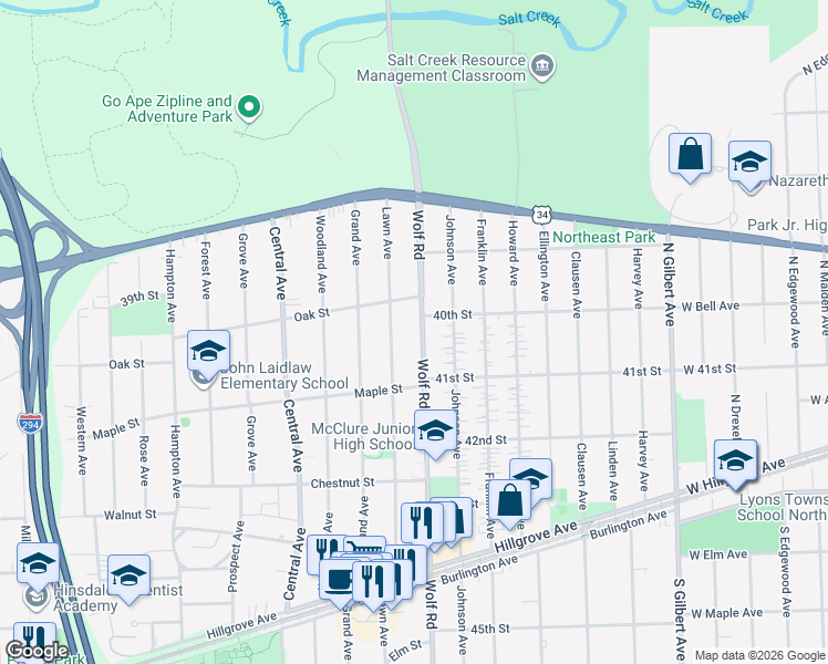 map of restaurants, bars, coffee shops, grocery stores, and more near 4017 Lawn Avenue in Western Springs
