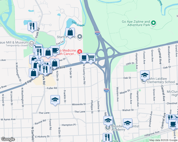 map of restaurants, bars, coffee shops, grocery stores, and more near 827 North County Line Road in Hinsdale