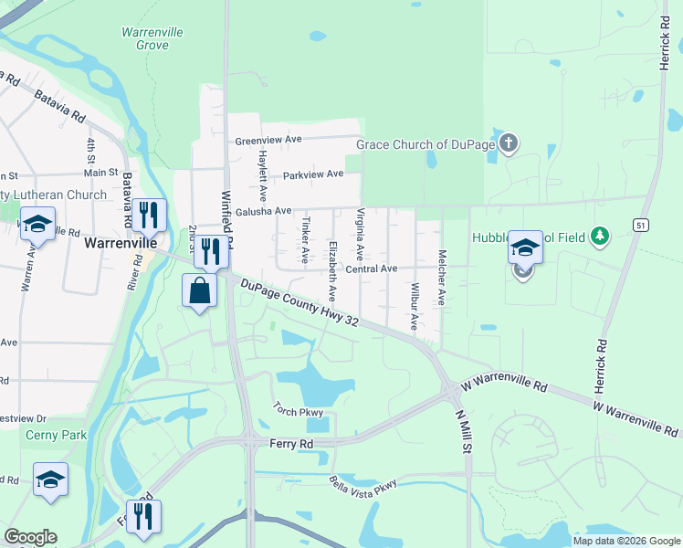 map of restaurants, bars, coffee shops, grocery stores, and more near 27W650 Central Avenue in Warrenville