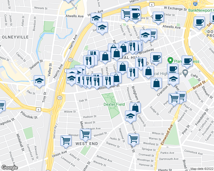 map of restaurants, bars, coffee shops, grocery stores, and more near in Providence