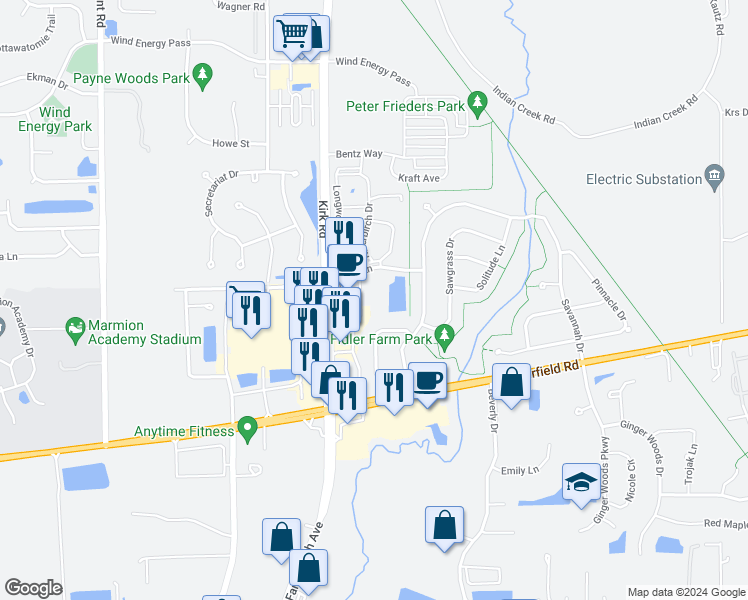 map of restaurants, bars, coffee shops, grocery stores, and more near 1553 Mesa Lane in Aurora