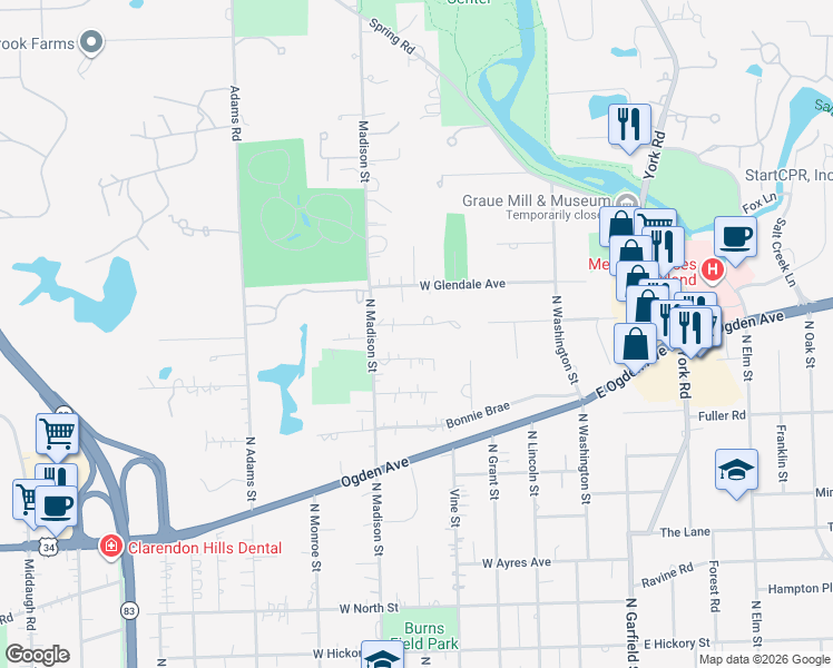 map of restaurants, bars, coffee shops, grocery stores, and more near 414 West Birchwood Road in Hinsdale