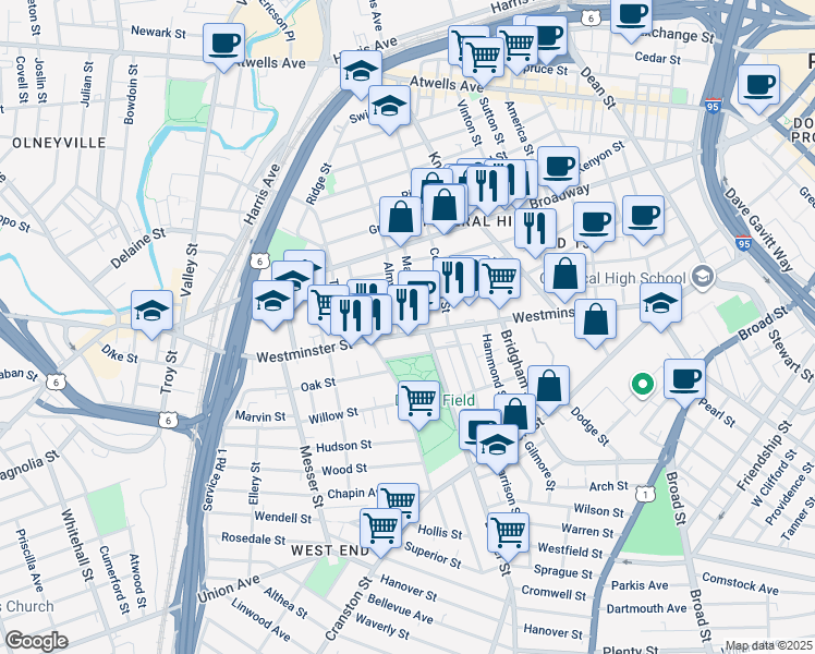 map of restaurants, bars, coffee shops, grocery stores, and more near 1377 Westminster Street in Providence