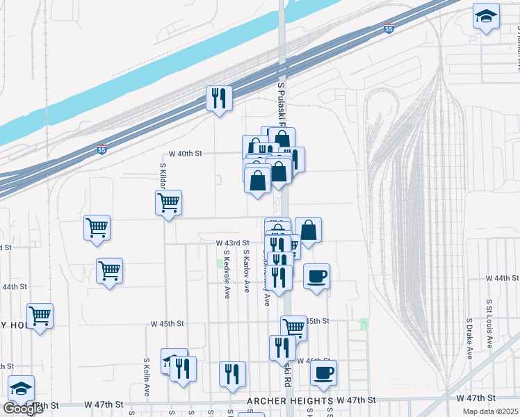 map of restaurants, bars, coffee shops, grocery stores, and more near 4150 South Pulaski Road in Chicago