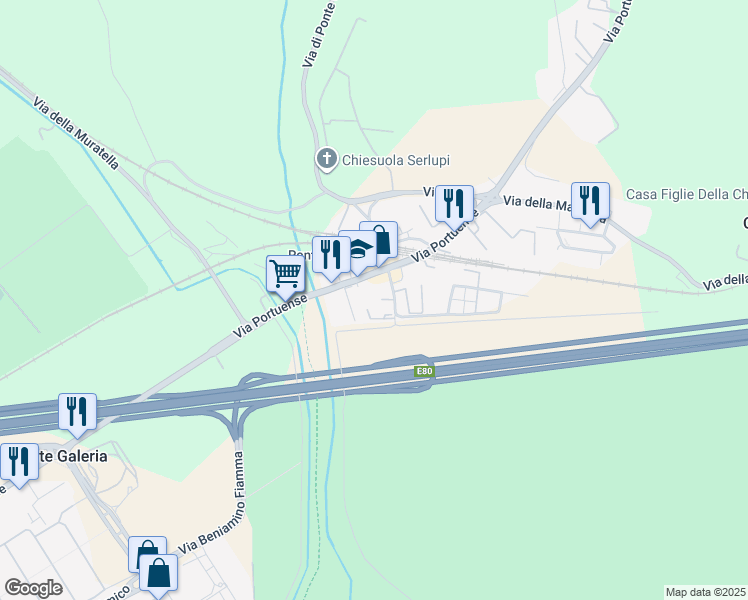 map of restaurants, bars, coffee shops, grocery stores, and more near 18 Via Lorenzo Allievi in Ponte Galeria-la Pisana