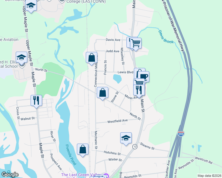 map of restaurants, bars, coffee shops, grocery stores, and more near 101 Morin Avenue in Killingly
