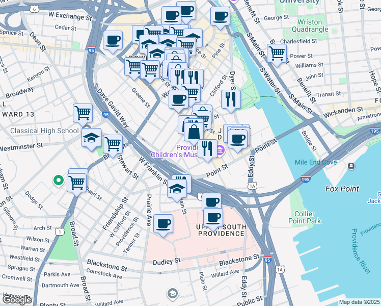 map of restaurants, bars, coffee shops, grocery stores, and more near 19 Imperial Place in Providence
