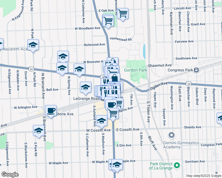 map of restaurants, bars, coffee shops, grocery stores, and more near 2 North La Grange Road in La Grange