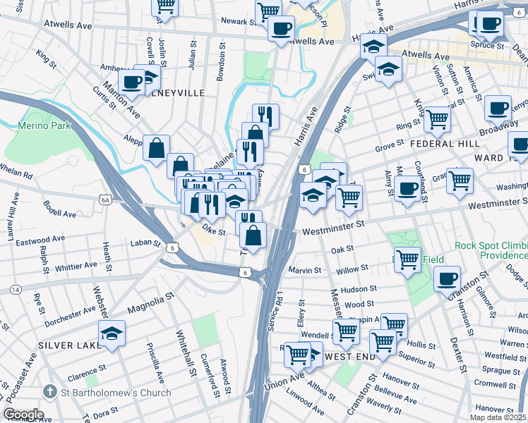 map of restaurants, bars, coffee shops, grocery stores, and more near 1 Valley Street in Providence