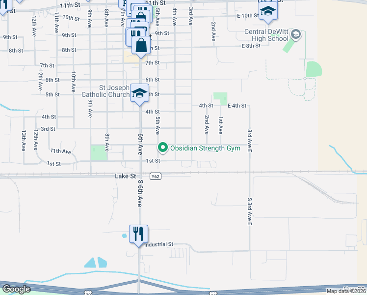 map of restaurants, bars, coffee shops, grocery stores, and more near 301-399 2nd St in De Witt