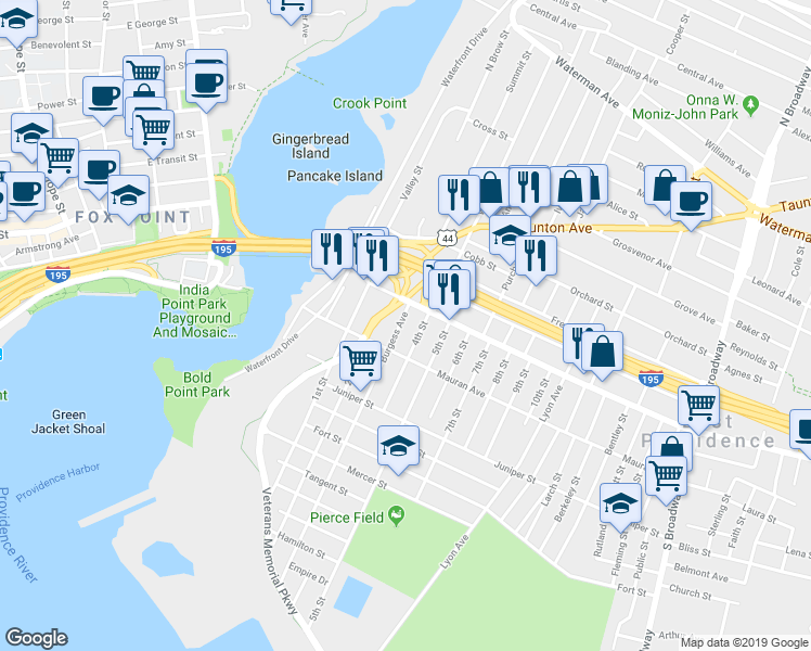 map of restaurants, bars, coffee shops, grocery stores, and more near 14 Burgess Avenue in East Providence