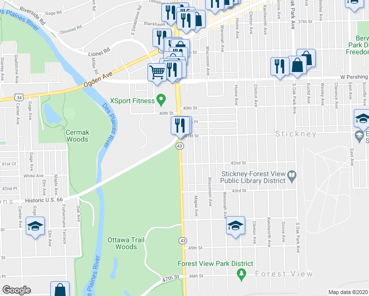 map of restaurants, bars, coffee shops, grocery stores, and more near in Stickney