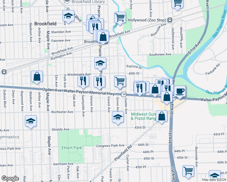 map of restaurants, bars, coffee shops, grocery stores, and more near 4042 Grove Avenue in Brookfield