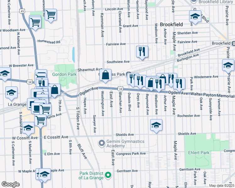 map of restaurants, bars, coffee shops, grocery stores, and more near 9545 U.S. 34 in Brookfield