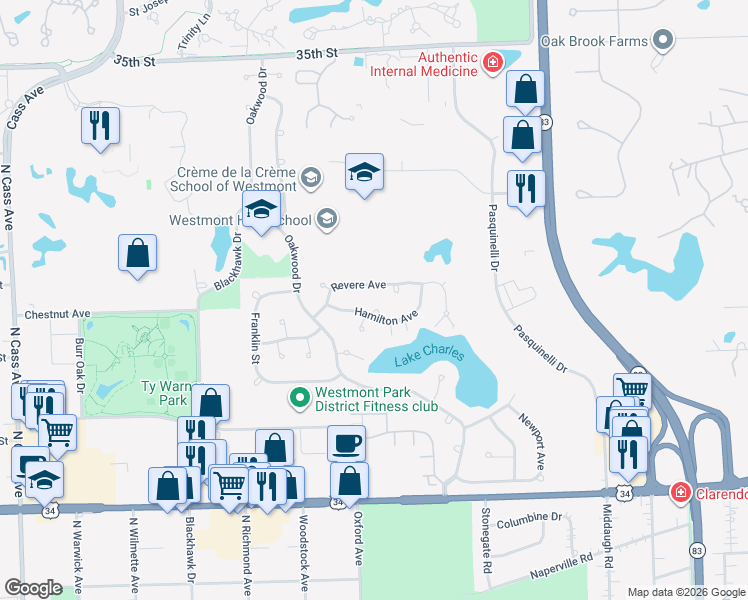 map of restaurants, bars, coffee shops, grocery stores, and more near 551 Revere Avenue in Westmont