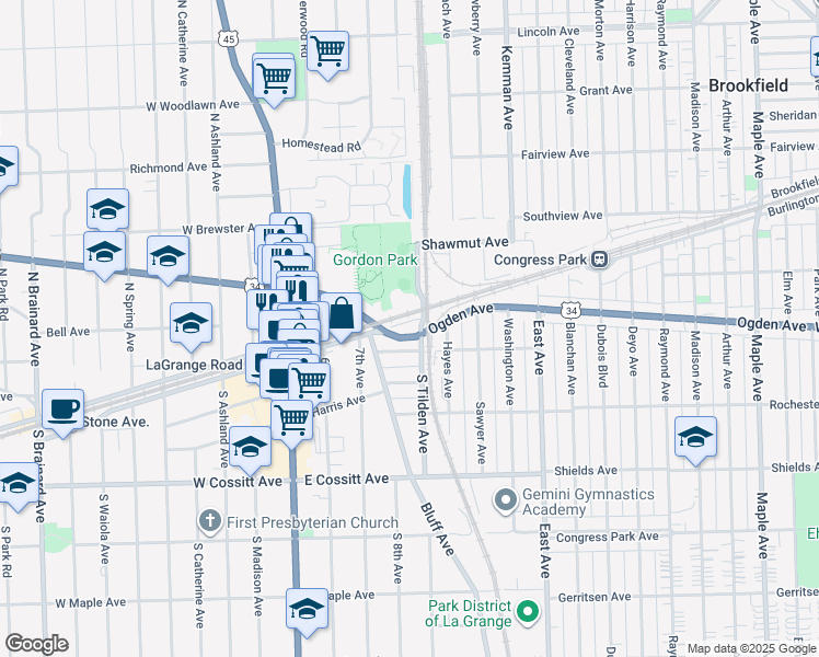 map of restaurants, bars, coffee shops, grocery stores, and more near 340 East Burlington Avenue in La Grange