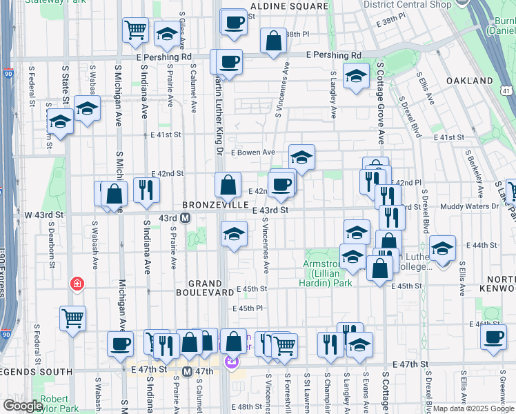 map of restaurants, bars, coffee shops, grocery stores, and more near 450 East 43rd Street in Chicago
