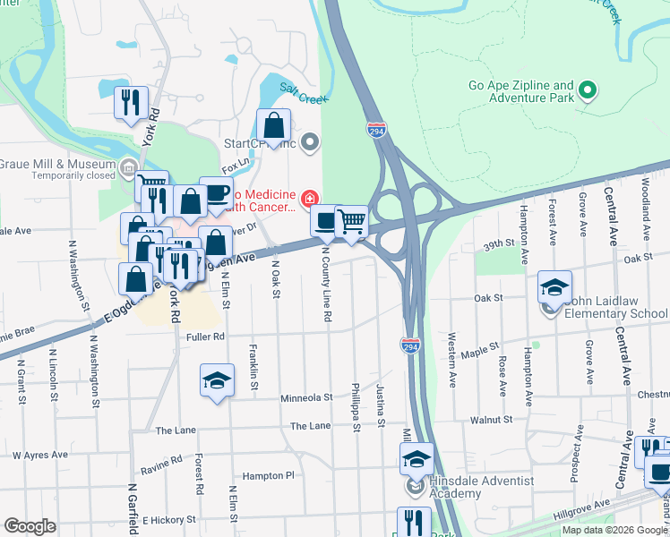 map of restaurants, bars, coffee shops, grocery stores, and more near 827 North County Line Road in Hinsdale