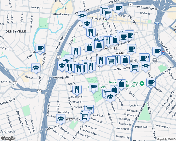 map of restaurants, bars, coffee shops, grocery stores, and more near 6 Almy Street in Providence