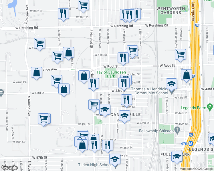 map of restaurants, bars, coffee shops, grocery stores, and more near 4222 South Union Avenue in Chicago