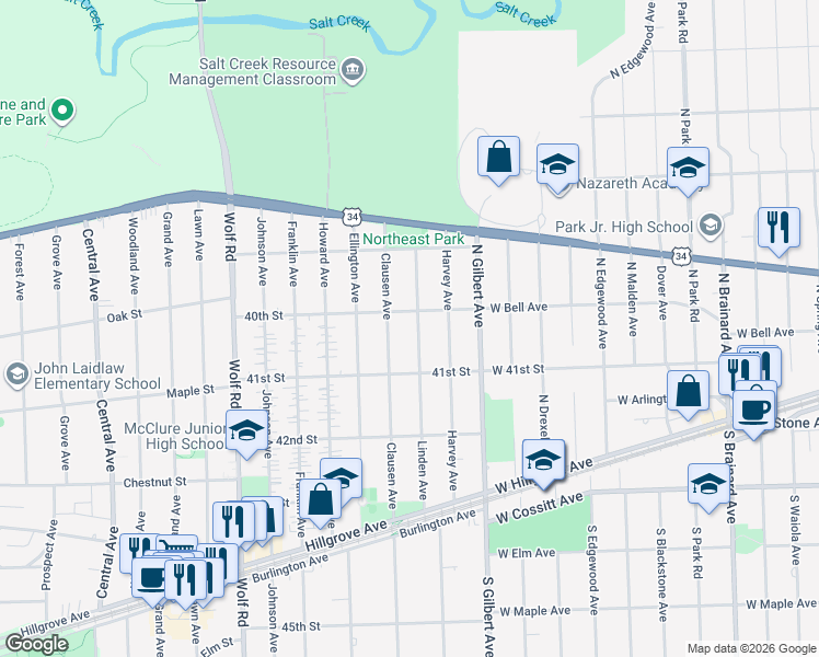 map of restaurants, bars, coffee shops, grocery stores, and more near 4021 Clausen Avenue in Western Springs