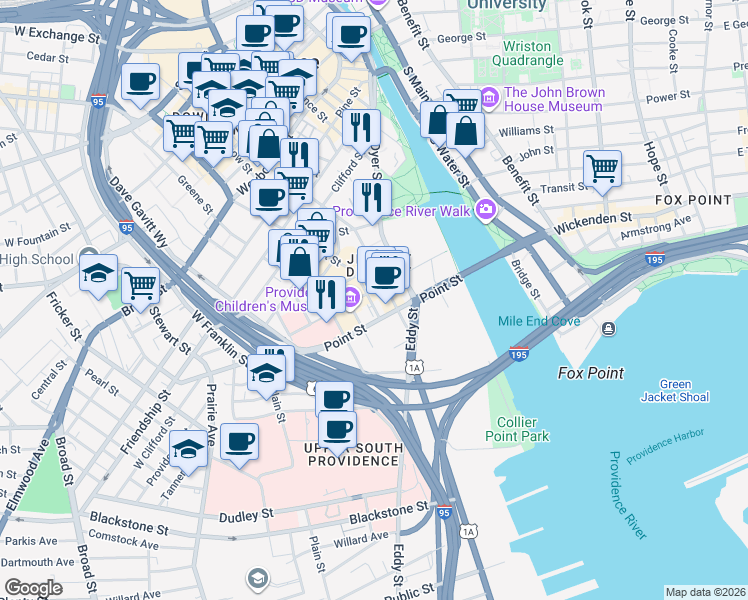 map of restaurants, bars, coffee shops, grocery stores, and more near in Providence