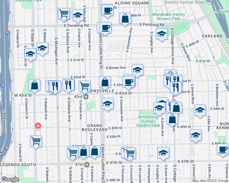 map of restaurants, bars, coffee shops, grocery stores, and more near 440 East 43rd Street in Chicago